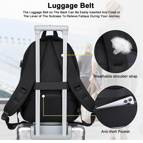 Black Men's Backpack with USB Charging Port - Picture 4 of 8